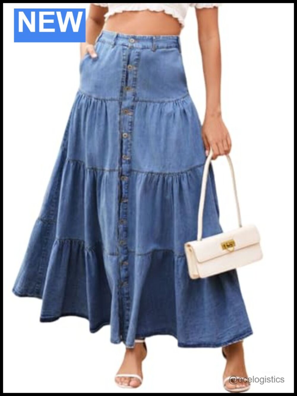 Women Western Elastic High Waisted A-Line Long Denim Maxi Skirt with Pockets